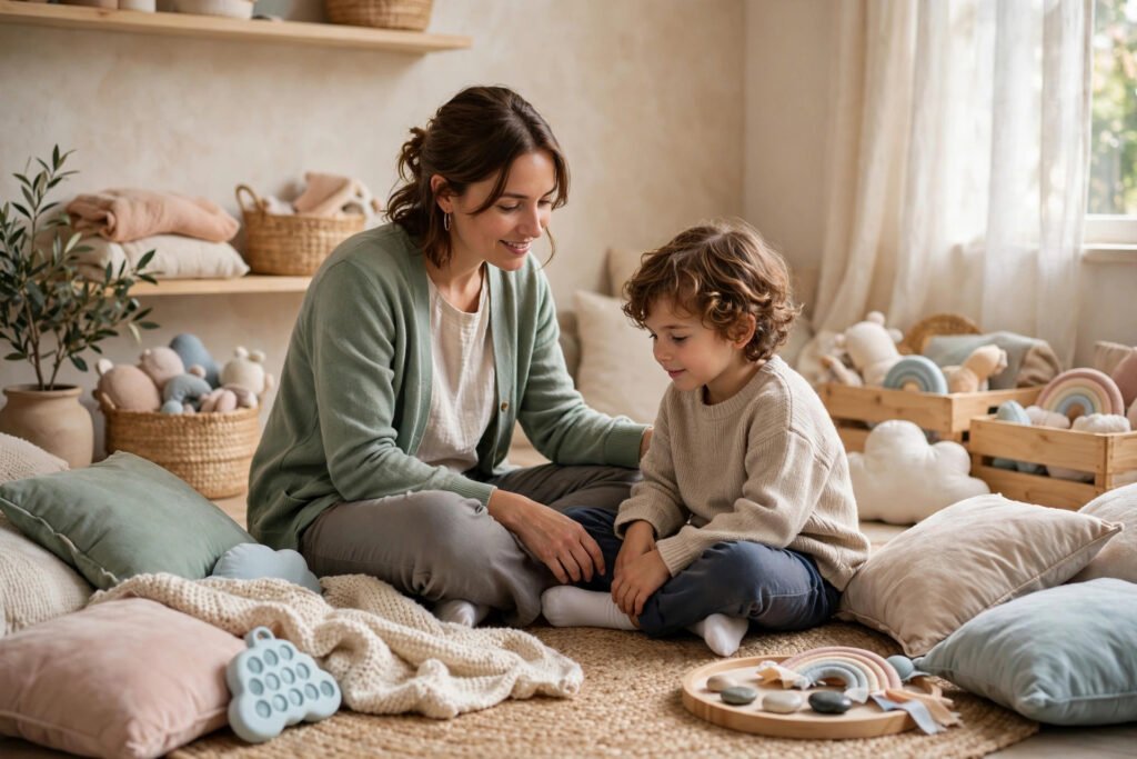 Calm therapist sitting on the floor with a child in a sensory-friendly room in Campbelltown