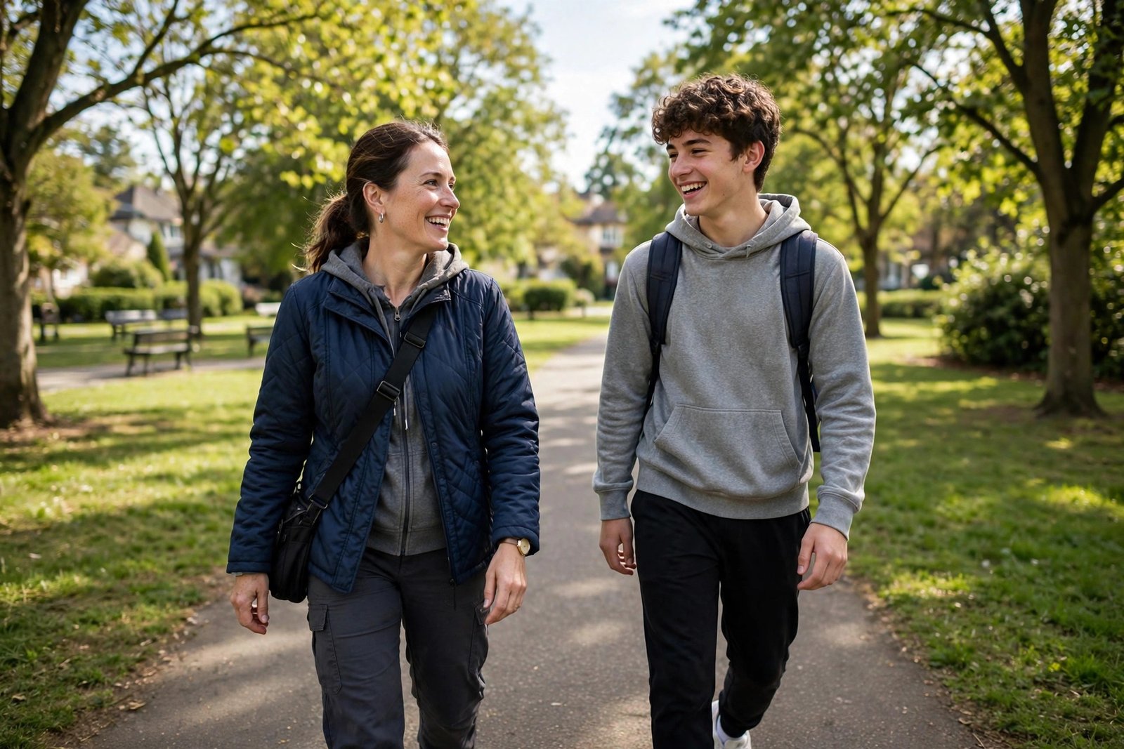 Support worker walking and chatting with a happy teenage boy in a green Campbelltown park