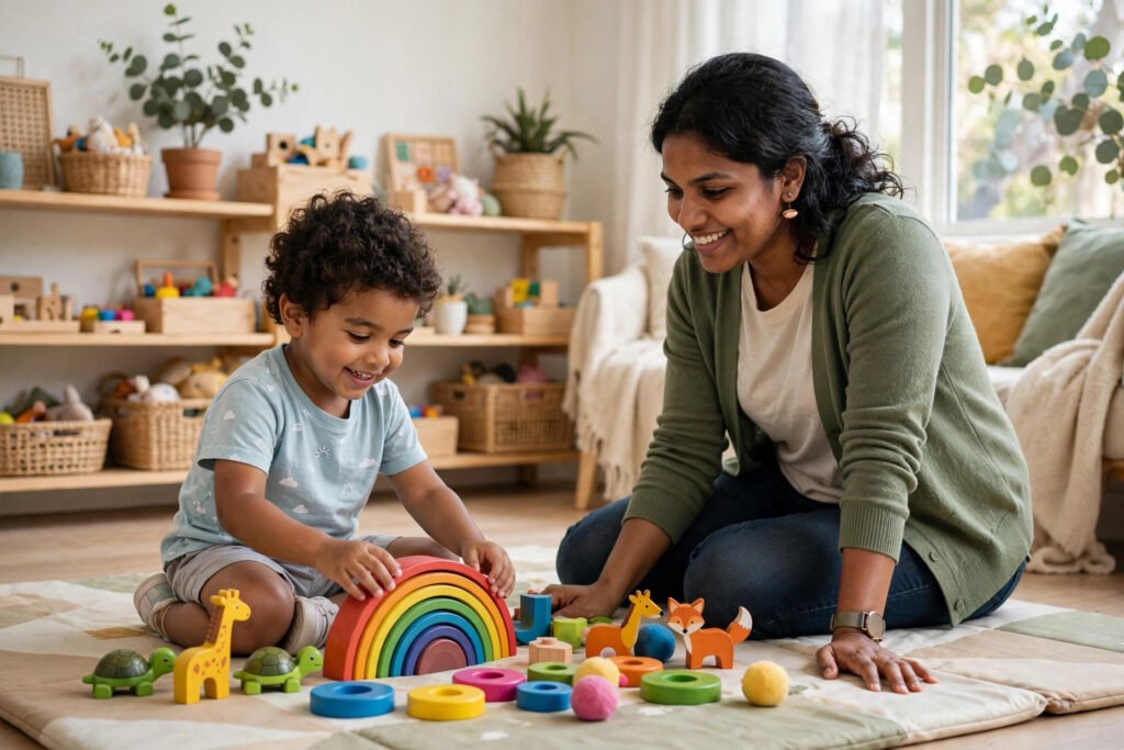 Young child playing with colourful toys alongside an early intervention therapist in a bright Campbelltown play therapy room
