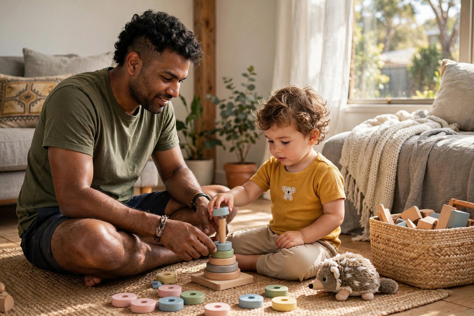 Dad playing a stacking game with his toddler on the living room floor at home in Campbelltown | early intervention Campbelltown
