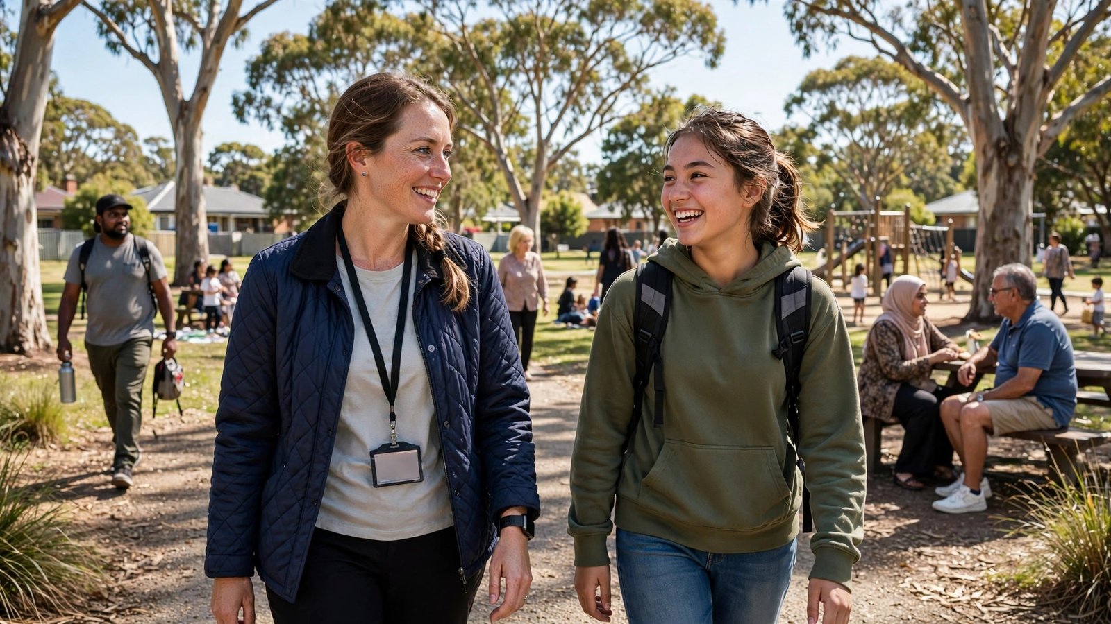 Support worker walking with a happy teenage girl in a green Sydney park with gum trees during community access with an NDIS provider Campbelltown team
