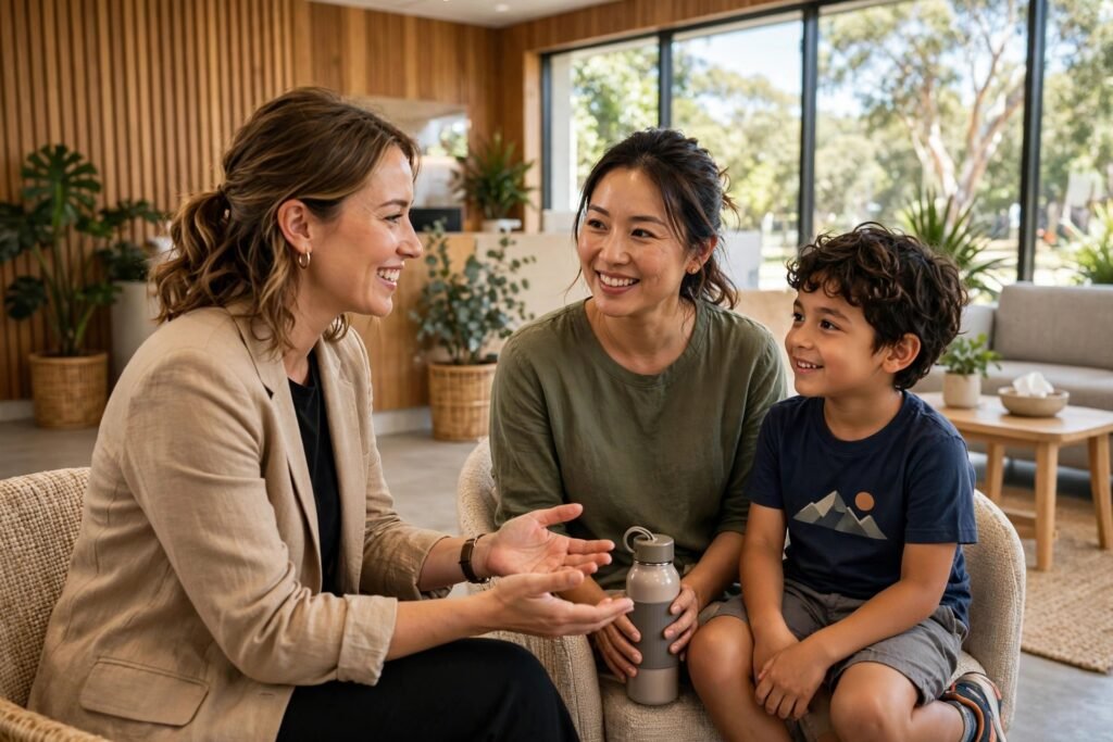 Friendly support coordinator chatting with a mum and her young son in the bright reception of an NDIS provider Campbelltown clinic