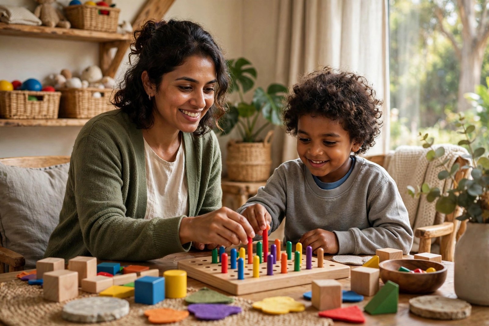 Occupational therapist doing a colourful peg-board activity with a young child at an NDIS provider Campbelltown clinic