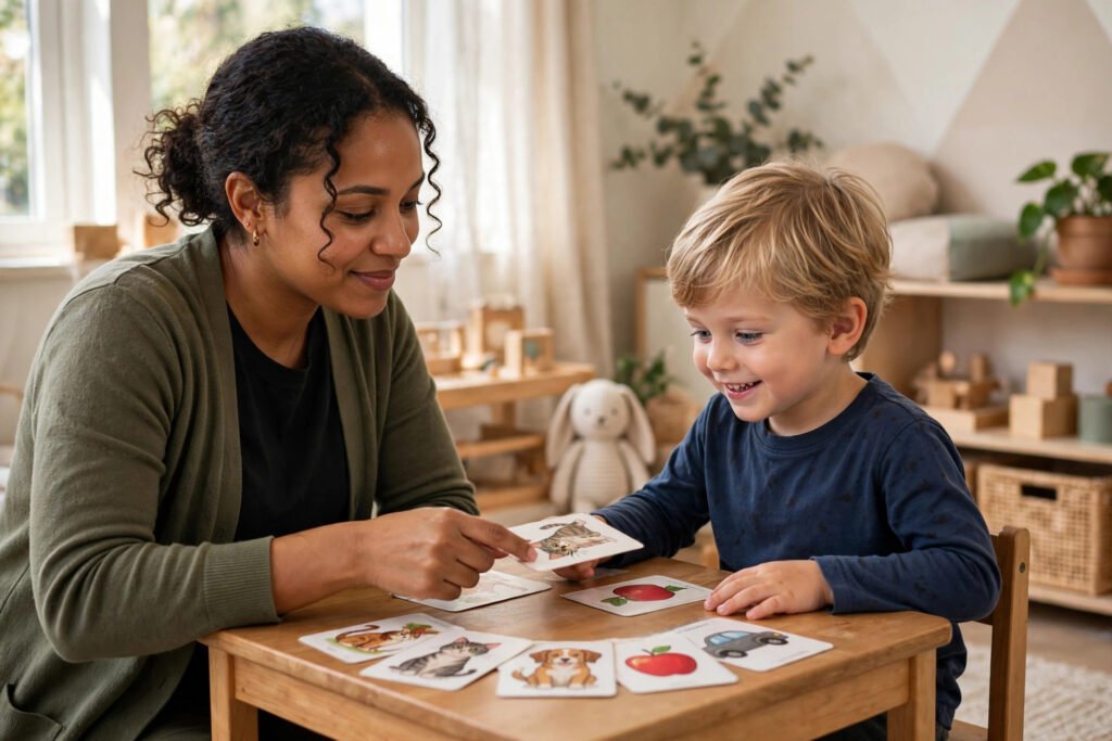 Speech pathologist doing a picture-card activity with a young child in a bright Campbelltown therapy room