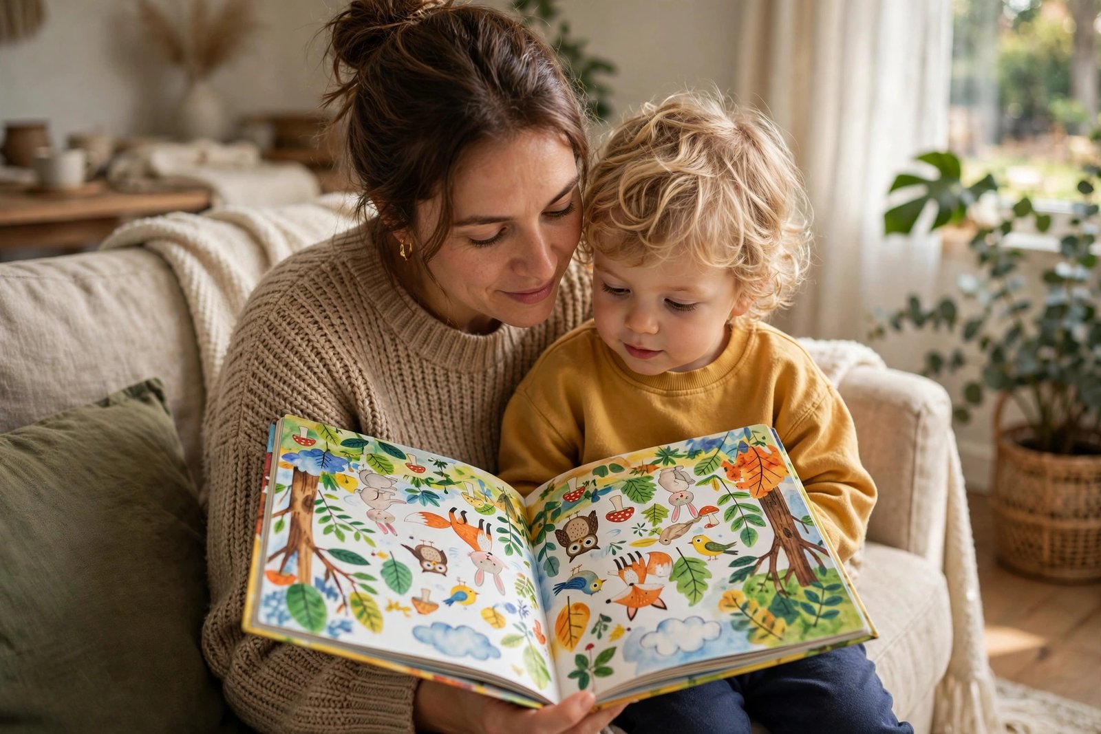 Mum reading a colourful picture book with her toddler at home — speech pathology Campbelltown home practice